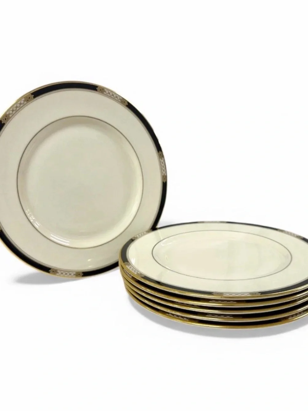 Lenox Hancock Salad Plates Set of 6 8.5” Black 24K Gold USA Bone China Vintage